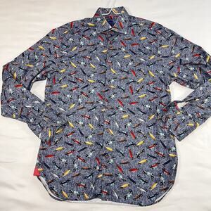 Luchiano Visconti Statement Shirt Men Size S Blue Cars All Over Print Button Up